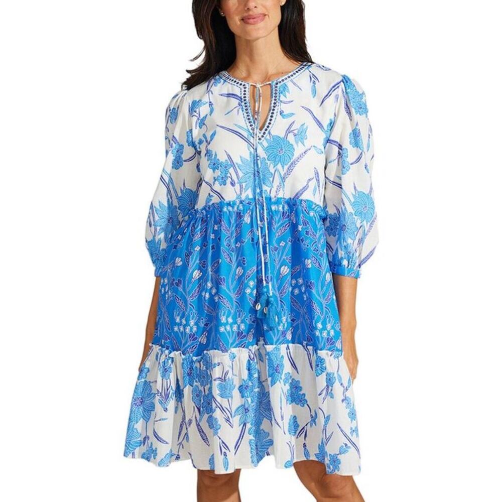 Bella Tu Braidy Blue White Floral Cotton Resort Wear Mini Dress Size XS